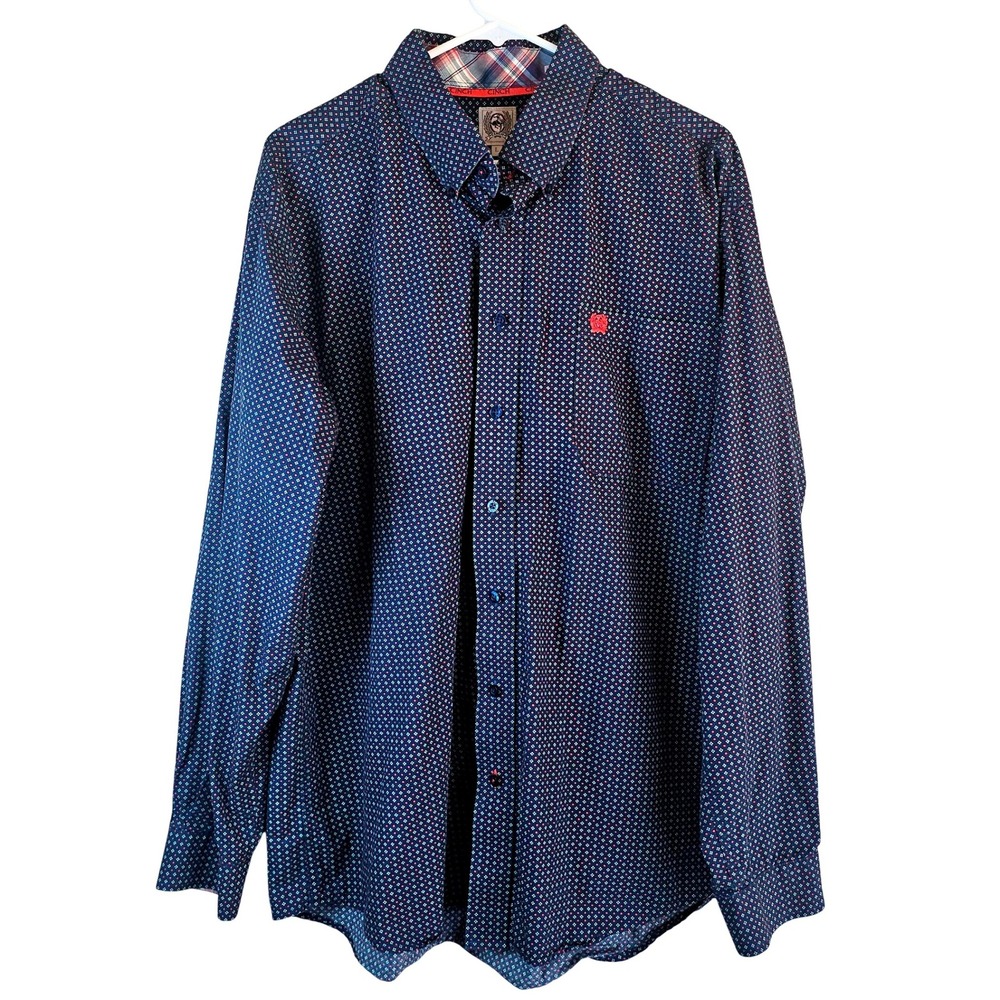 Cinch Mens Large Blue Red Geometric Button Down Shirt Western Ranch‎ Rodeo Work